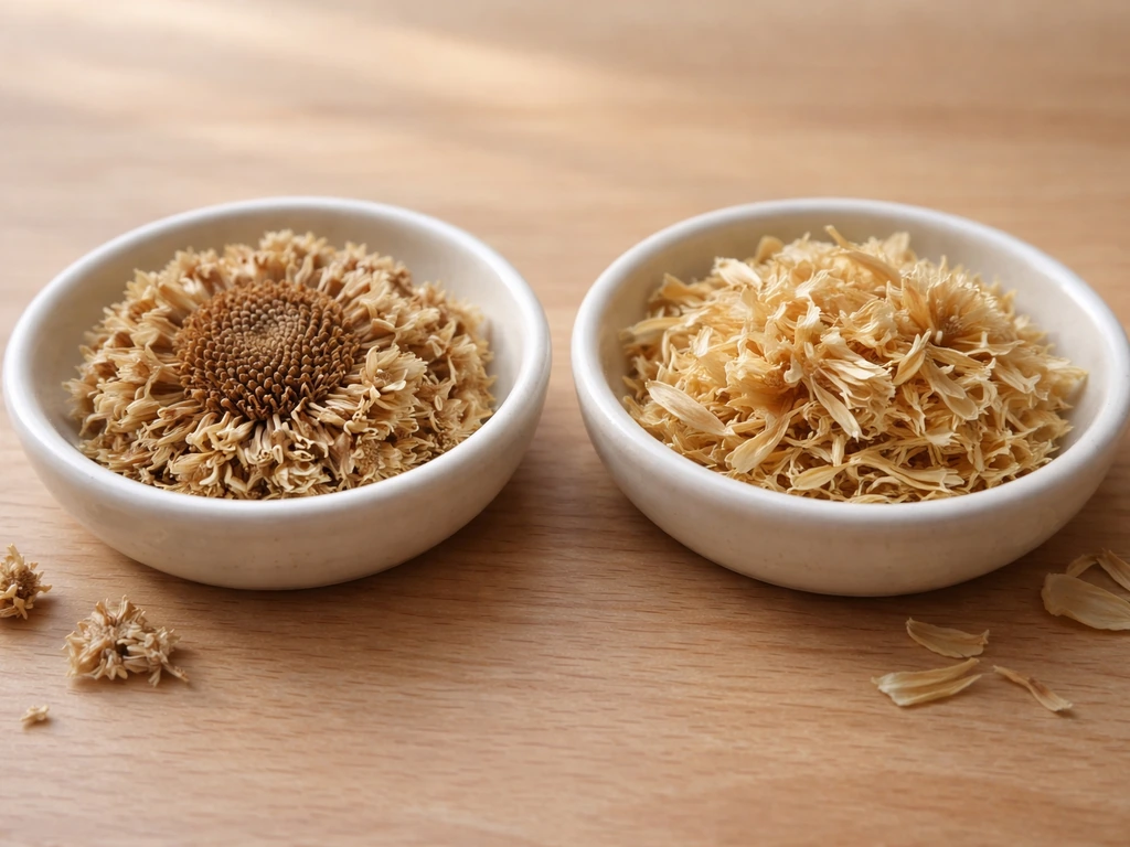 Two dried chrysanthemum types side-by-side: seed head on one dish, papery petals on another.