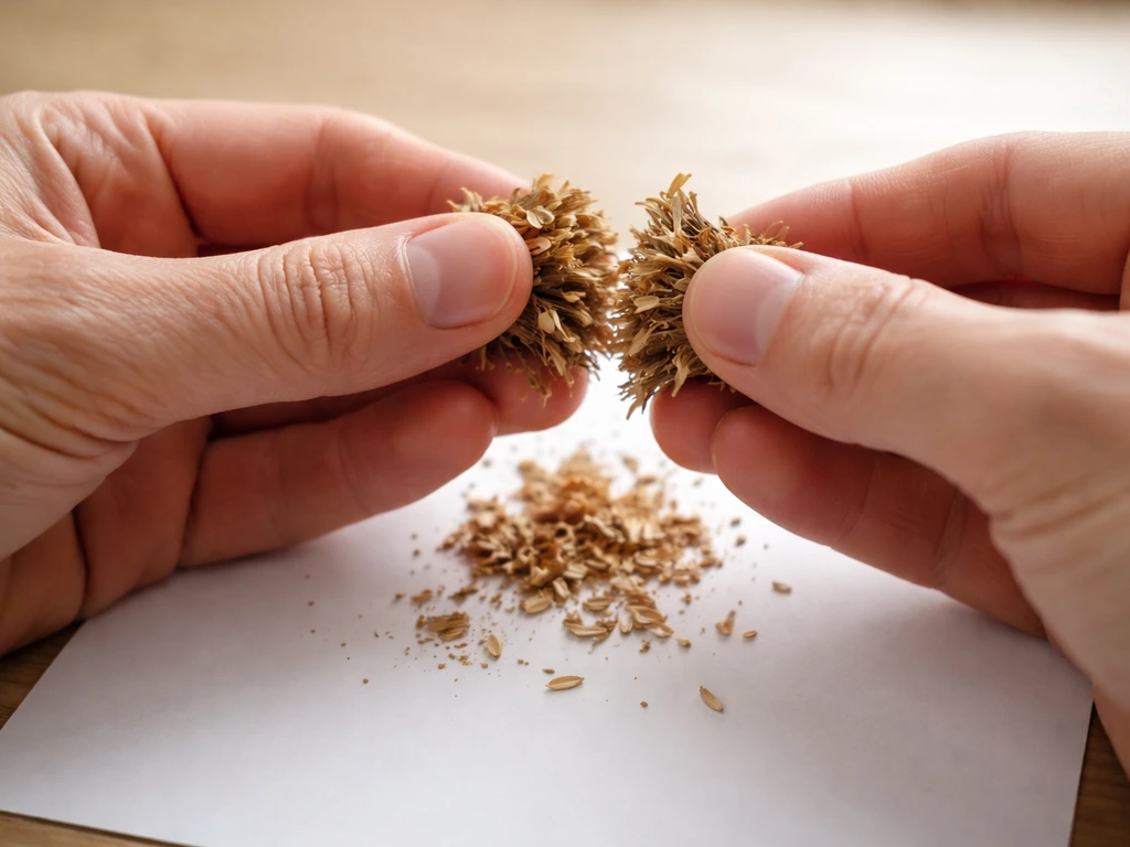 Close-up of hands separating viable chrysanthemum seed from a dried seed head on white paper