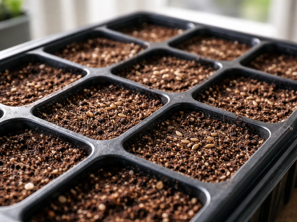 Close-up of a seed tray with seed-starting mix and tiny chrysanthemum seeds resting near the surface under bright light.