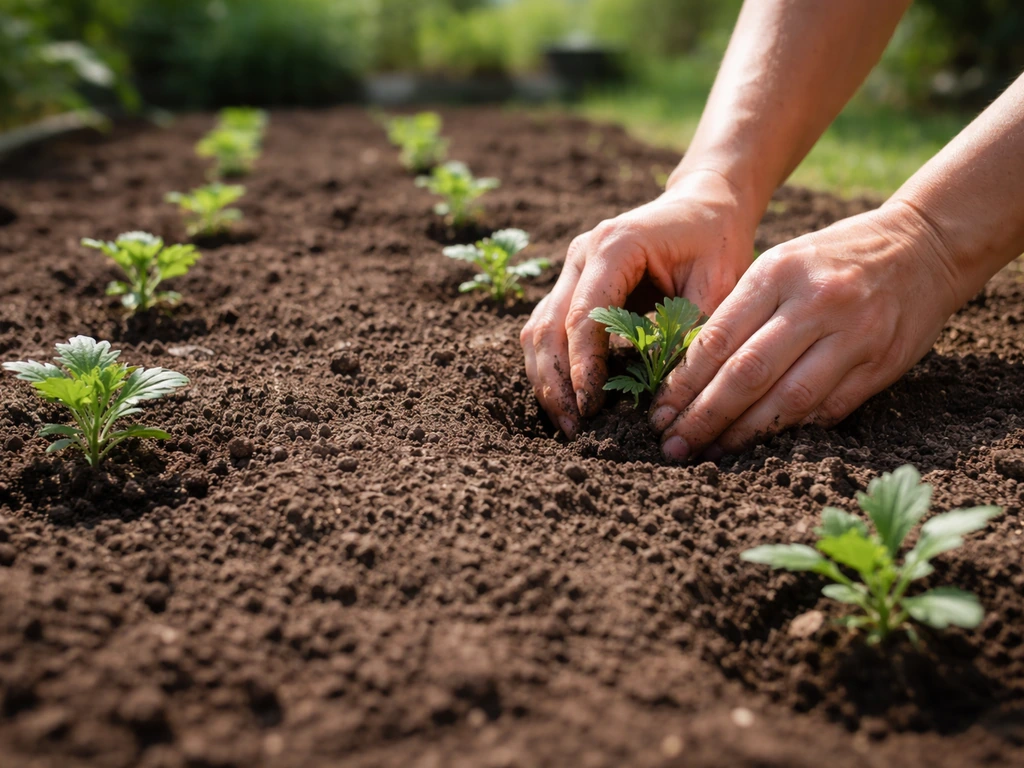Hands spacing chrysanthemum seedlings into prepared garden soil in full sun.