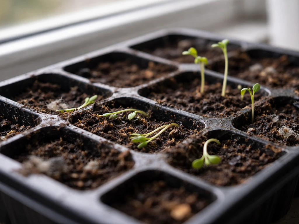 Collapsed seedlings at soil level in a seed-starting tray, showing damping-off symptoms near the potting mix.