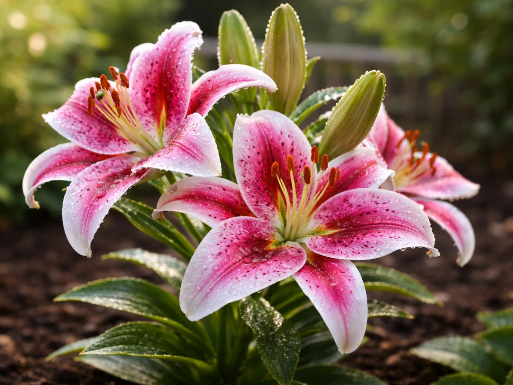 Close-up of Stargazer lily blooms with pink-and-white star petals and dark spots, softly blurred garden background.