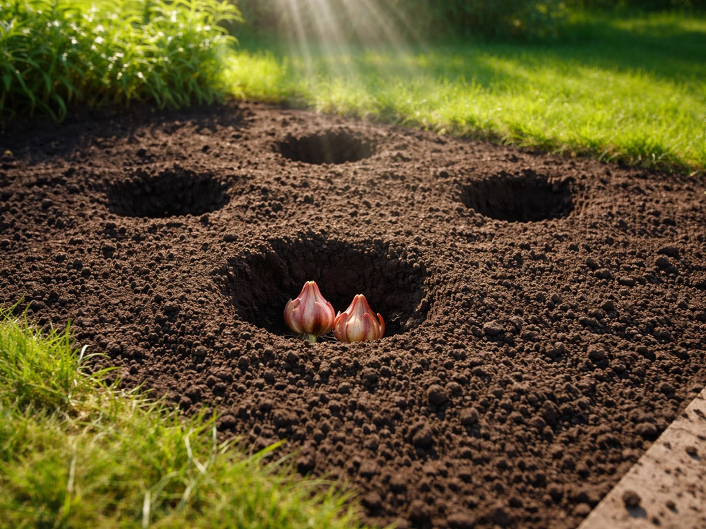 Sunlit flower bed with loosened soil and lily bulbs, showing a clear full-sun planting spot for Stargazer lilies.