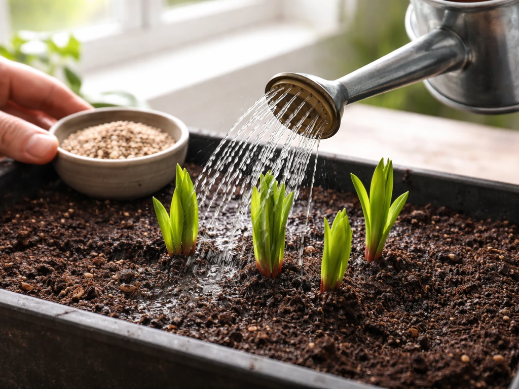 Watering new lily shoots at the base with a can, beside a small container of fertilizer and moist soil.