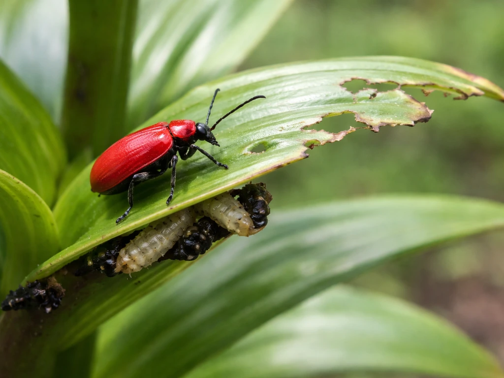 Close-up of a bright red lily leaf beetle on a lily leaf with visible chewed damage and larvae nearby.