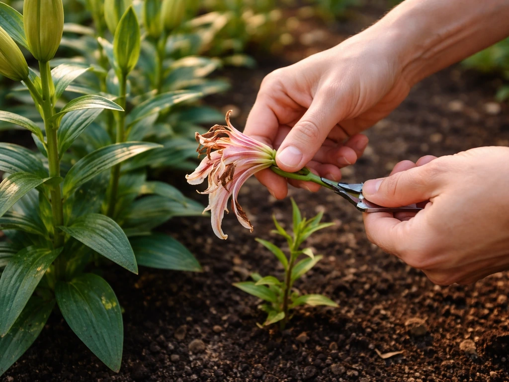Hands carefully remove a spent flower head in a garden bed, keeping green foliage intact.