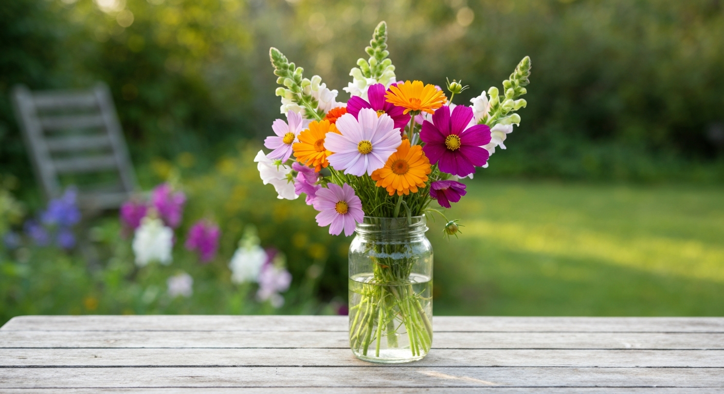 Hand-tied cottage-garden posy bouquet of cosmos, calendula, sweet peas, and snapdragons in a glass jar on a wooden table.