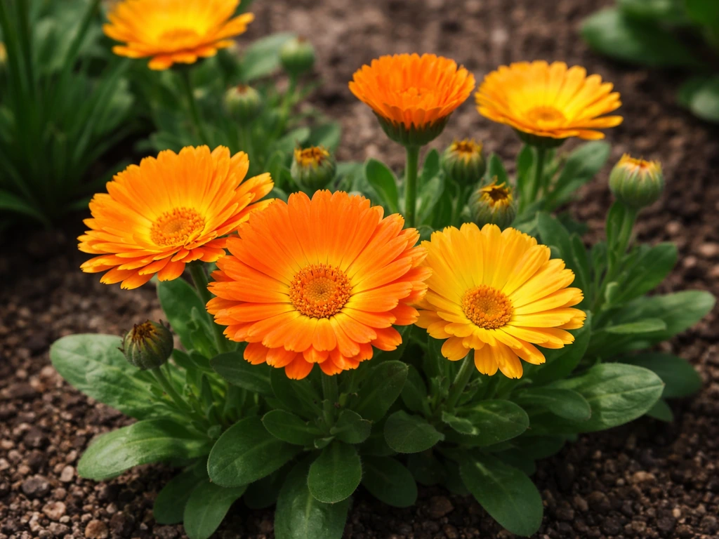 Close-up of vibrant orange-yellow calendula blossoms in a simple garden bed
