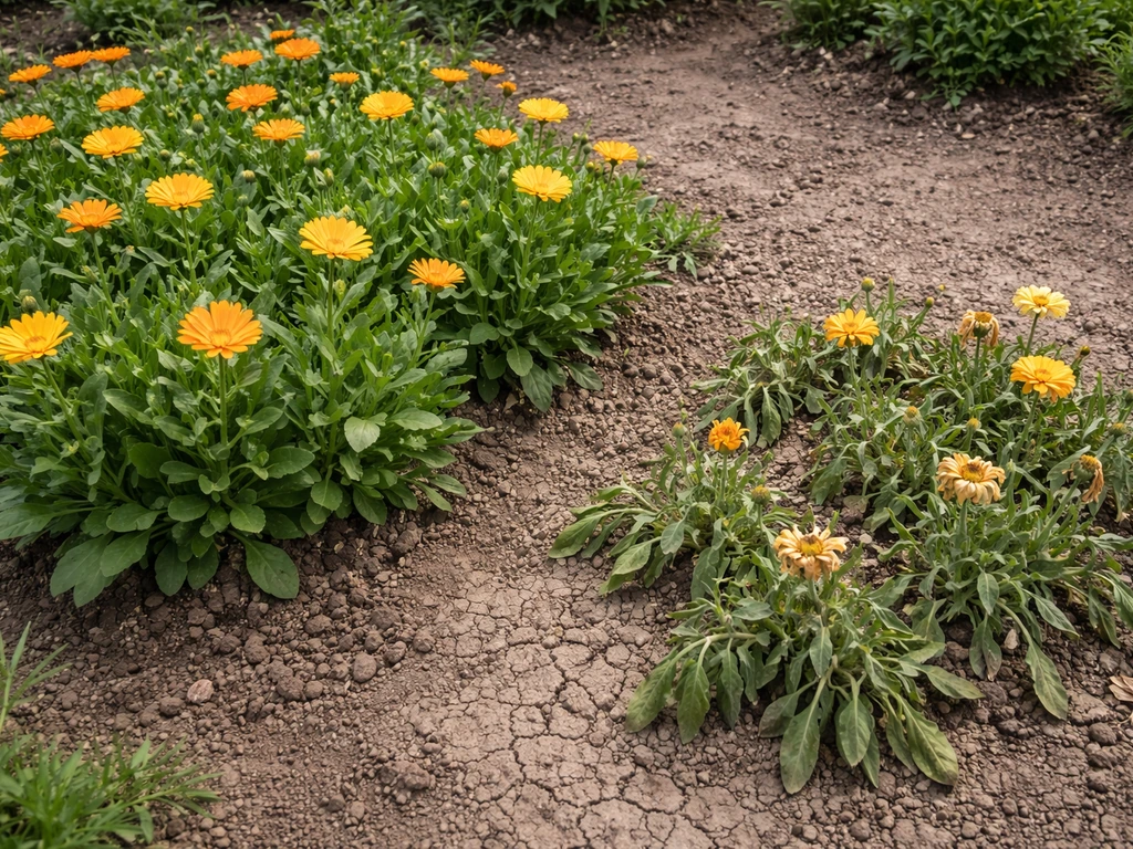 Golden calendula flowers thriving in well-drained poor soil, with a smaller stressed patch in hotter conditions.