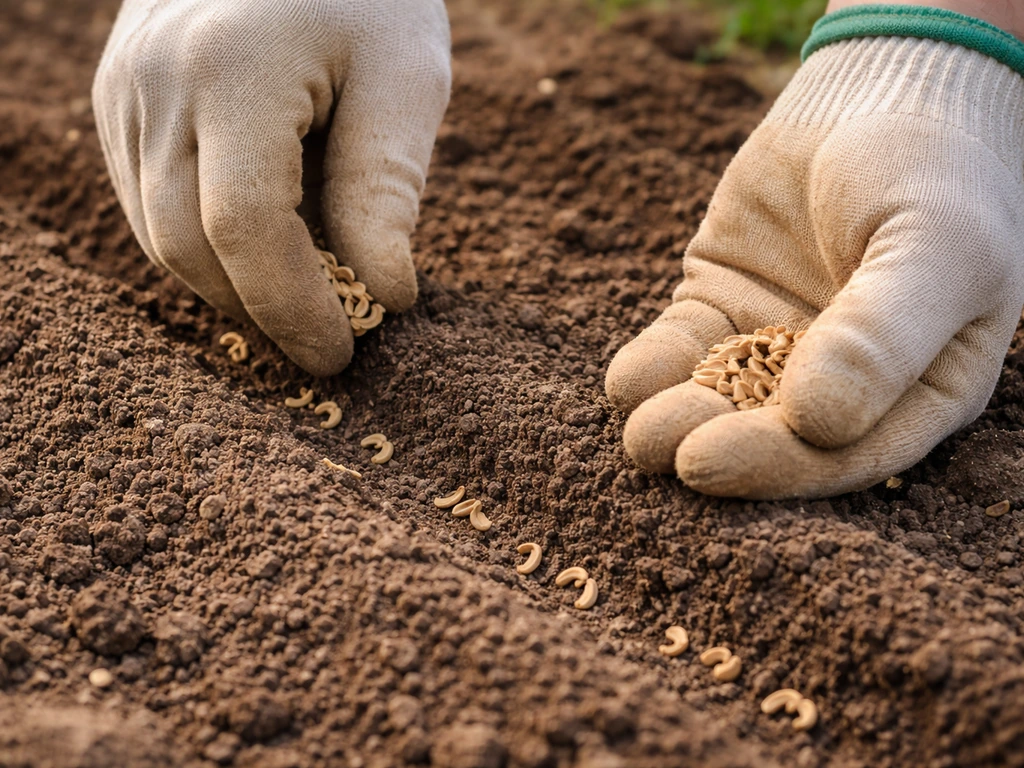 Gloved hands sowing visible calendula seeds into a shallow furrow in loosened outdoor soil.