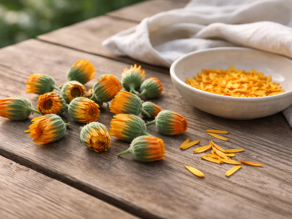 Half-open freshly picked calendula blooms on a wooden table with petals prepared in a bowl.