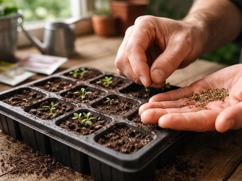 Hands sow gazania seeds in a tray with visible green seedlings on a wooden bench.