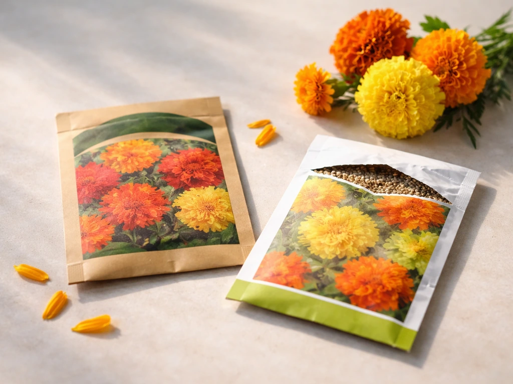 Close-up comparison of two seed packets showing different plant labels beside loose marigold-like flowers.