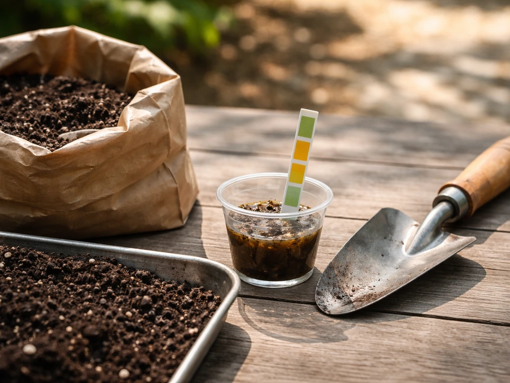 Soil in a small container with a pH test strip and a sunny ground patch in the background.
