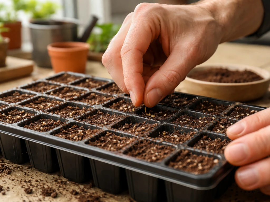 Close-up of hands filling seed tray cells with seed-starting mix and placing seeds indoors.