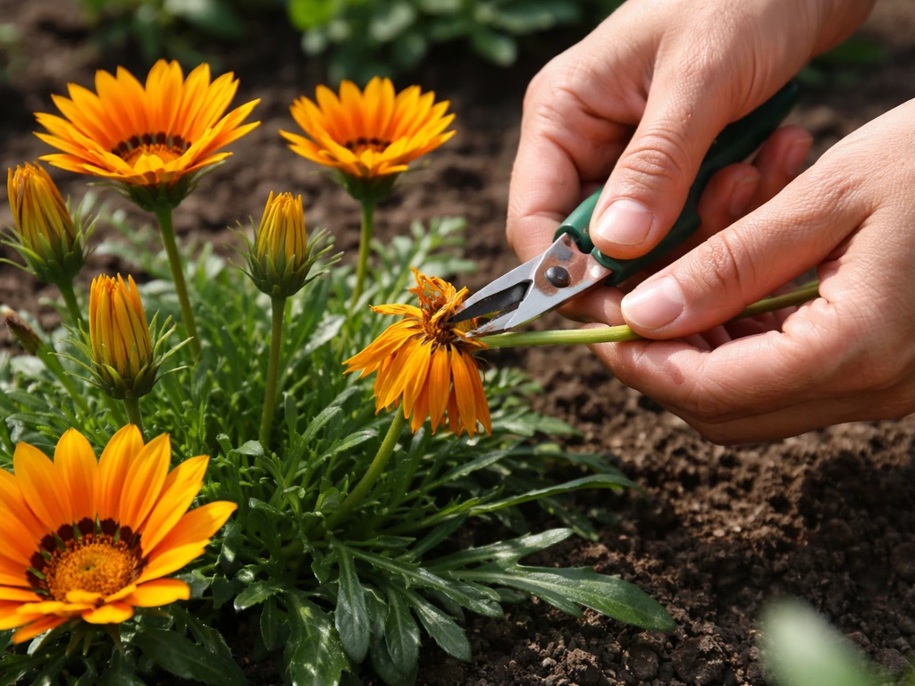 Hands using pruning snips to deadhead spent gazania blooms with fresh buds nearby in a garden