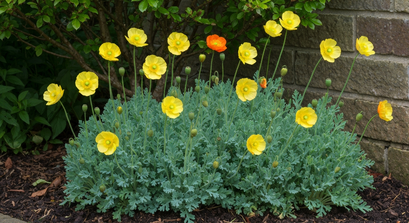 Established clump of Welsh poppies with yellow-orange flowers and ferny foliage in a shaded garden border