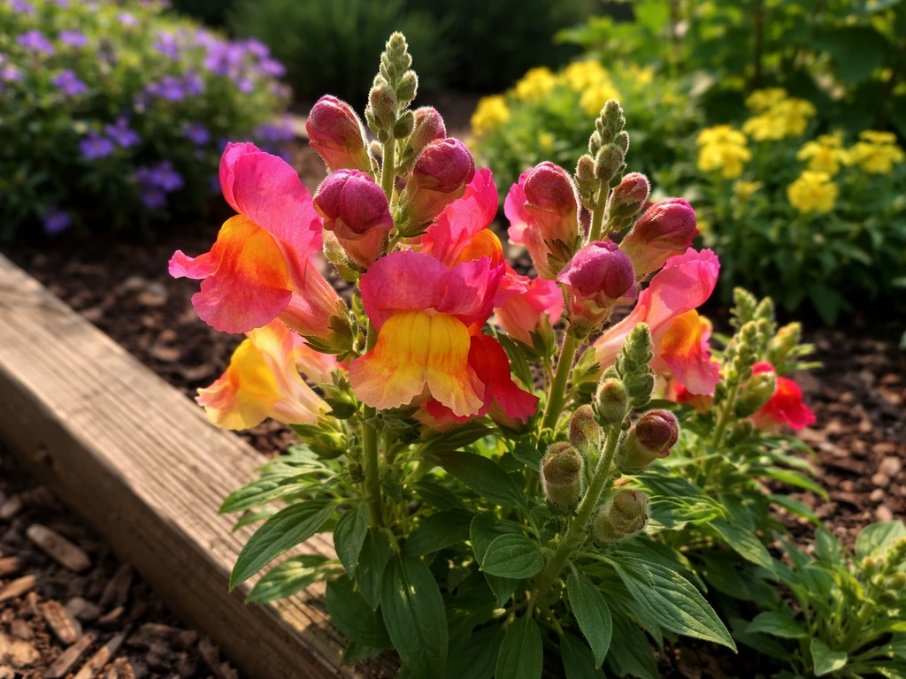 Close-up of colorful snapdragon flowers with a simple companion garden bed in soft focus behind
