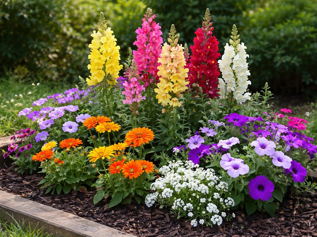 Eye-level view of snapdragons with contrasting companion flowers in a blooming garden bed.