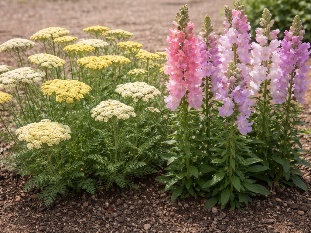 Yellow yarrow flat-topped blooms beside snapdragon spikes in a dry garden bed