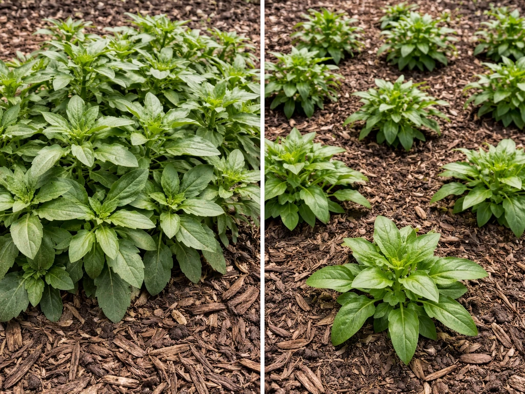 Overcrowded snapdragon bed with dense leaves beside a neighboring properly spaced patch