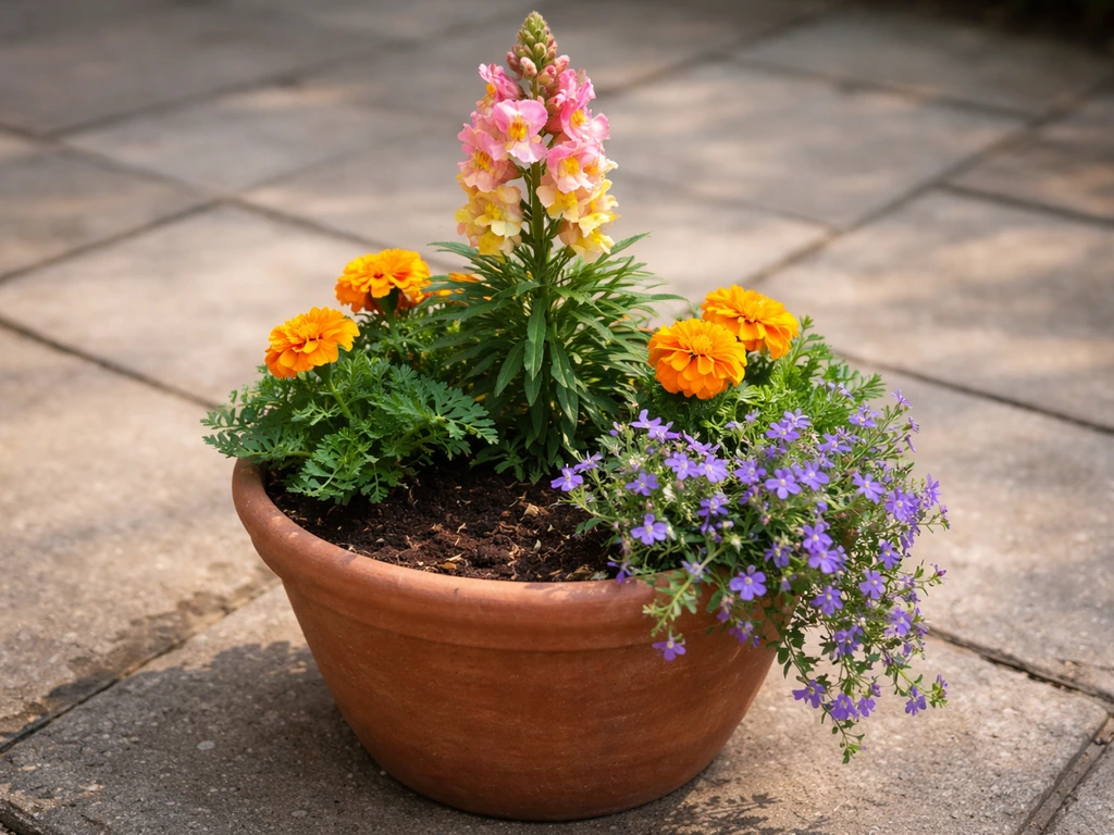 Terracotta container planted with upright snapdragon thriller plus compact filler and trailing spiller flowers.