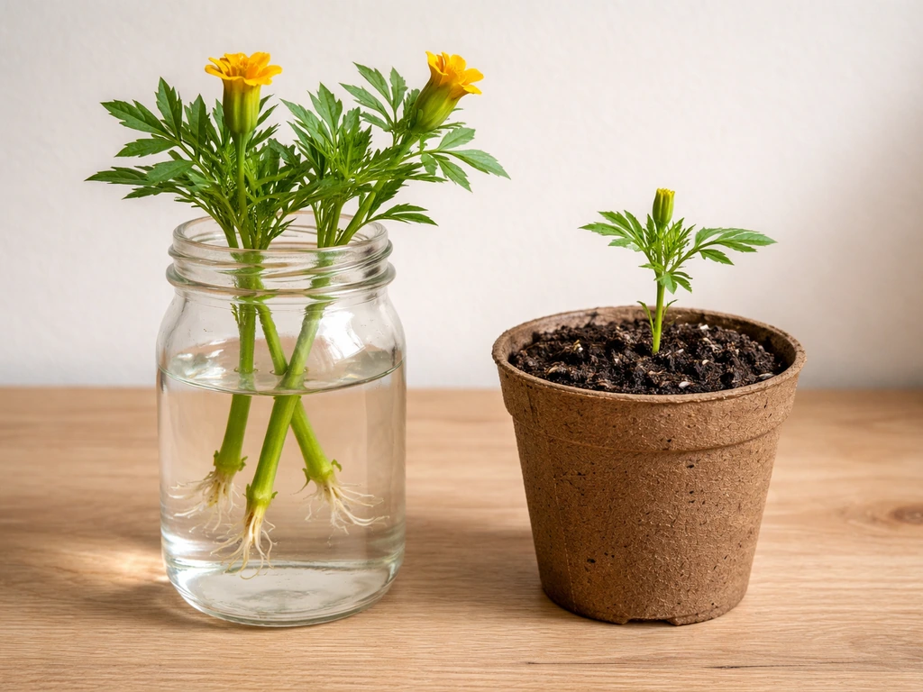 Marigold stem cuttings rooting in small water jar with visible nodes and a young plant beside soil pot.
