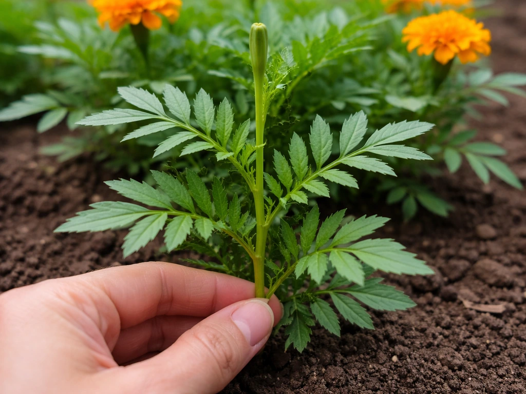 Close-up of a healthy marigold plant with a selected non-flowering stem ready for cutting.