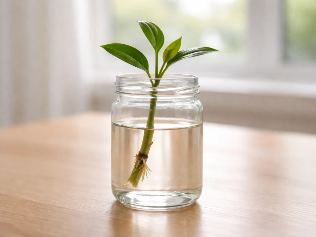 Stripped plant cutting in a clear jar, node submerged and leaves above in room-temperature water