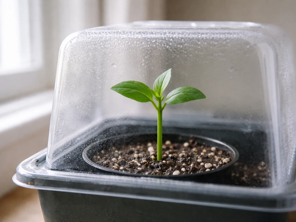 Small plant cutting in a humid mini propagator under bright, indirect light on a windowsill