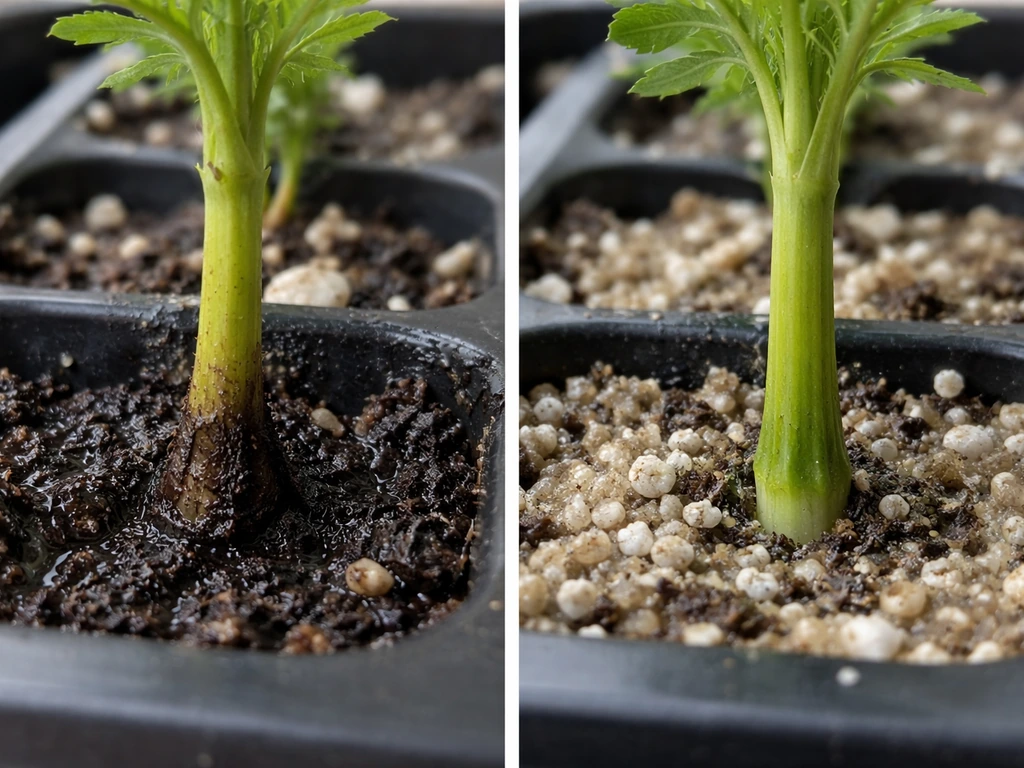 Close-up of two marigold cuttings: one rotted black and mushy base, one healthy firm green base.