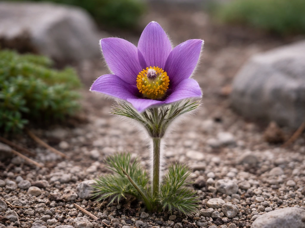 Purple windflower blooming in a rocky, well-drained garden bed.