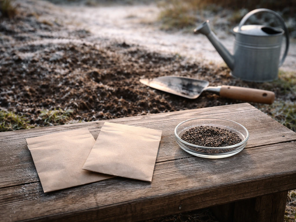 Seed packets and purple seeds on a bench with a frosty outdoor garden bed in the background.