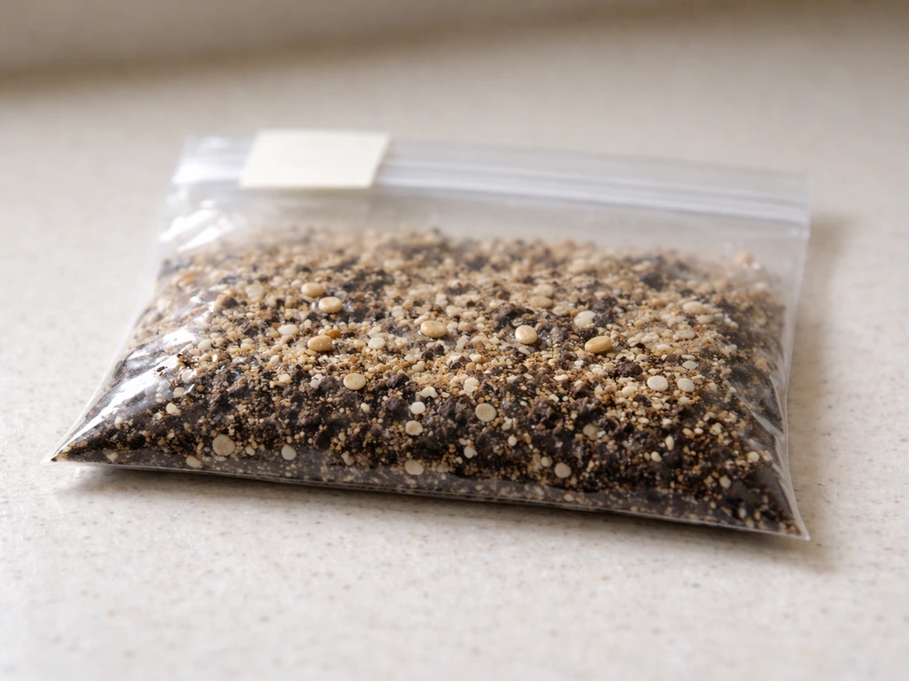 Closeup of seeds in damp vermiculite inside a sealed bag on a kitchen counter