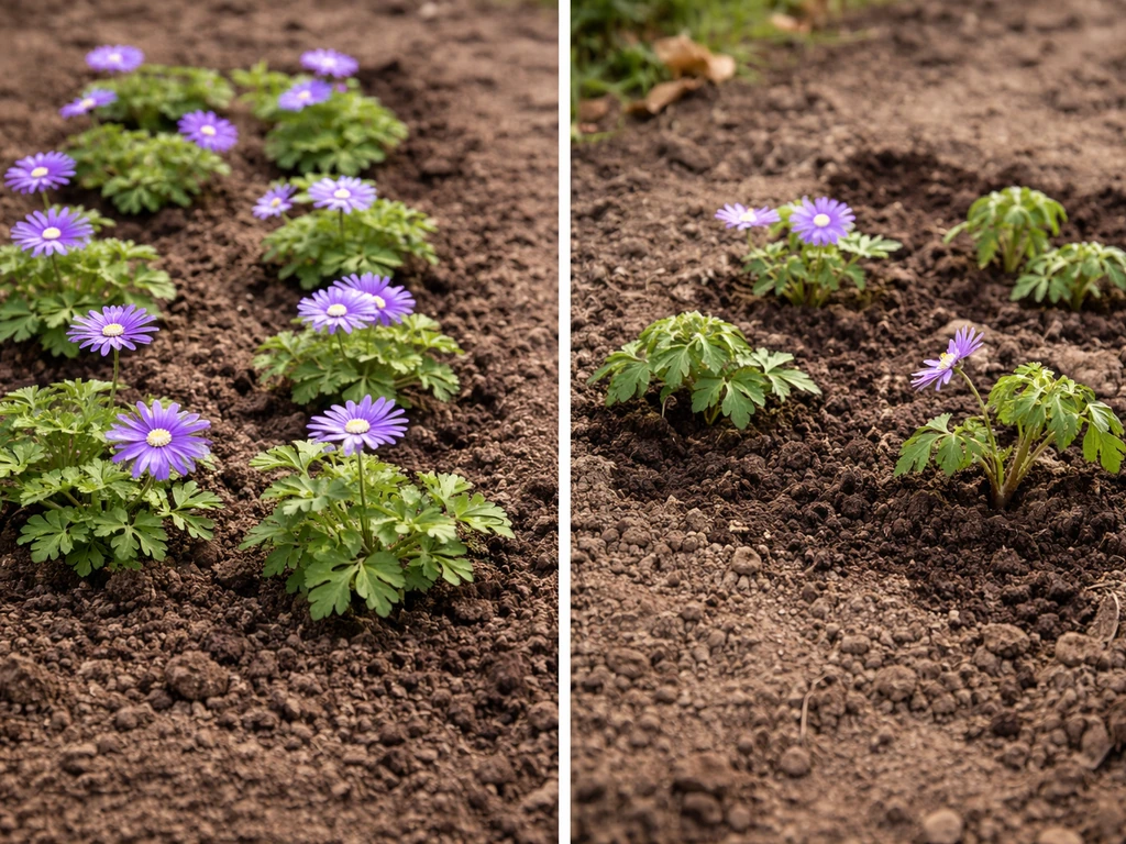 Two small garden beds: one direct-sown purple windflower patch and one with a few delicate transplants.