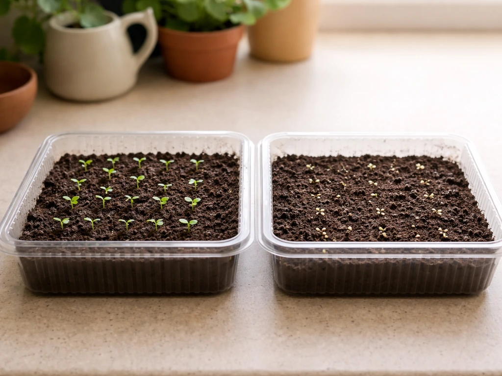 Two soil trays: healthy sprouts on one side, a tray of dormant seeds on the other after skipped cold stratification.