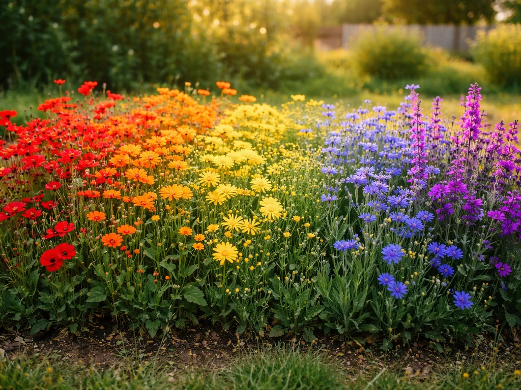 Vibrant rainbow wildflowers in bloom across a natural garden bed with mixed colors