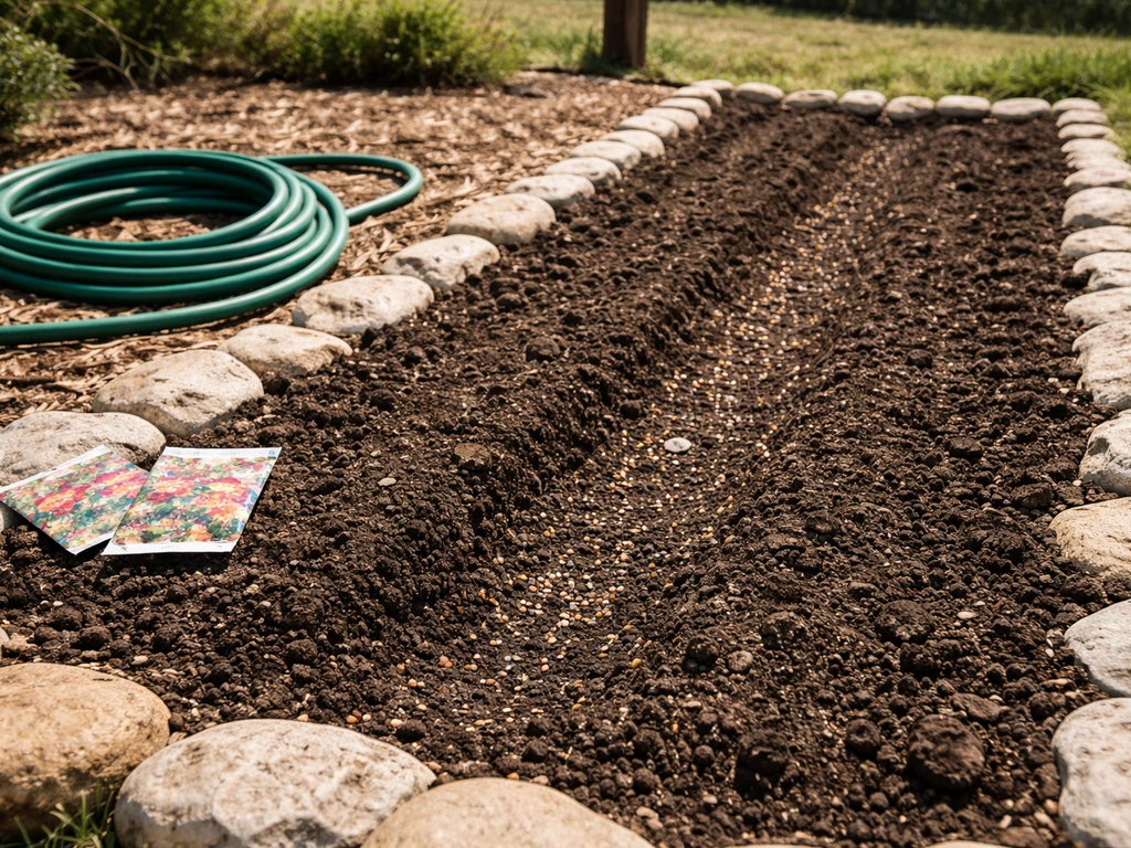 Sunlit garden bed with well-draining soil and clear bright light for full-sun annual wildflowers.