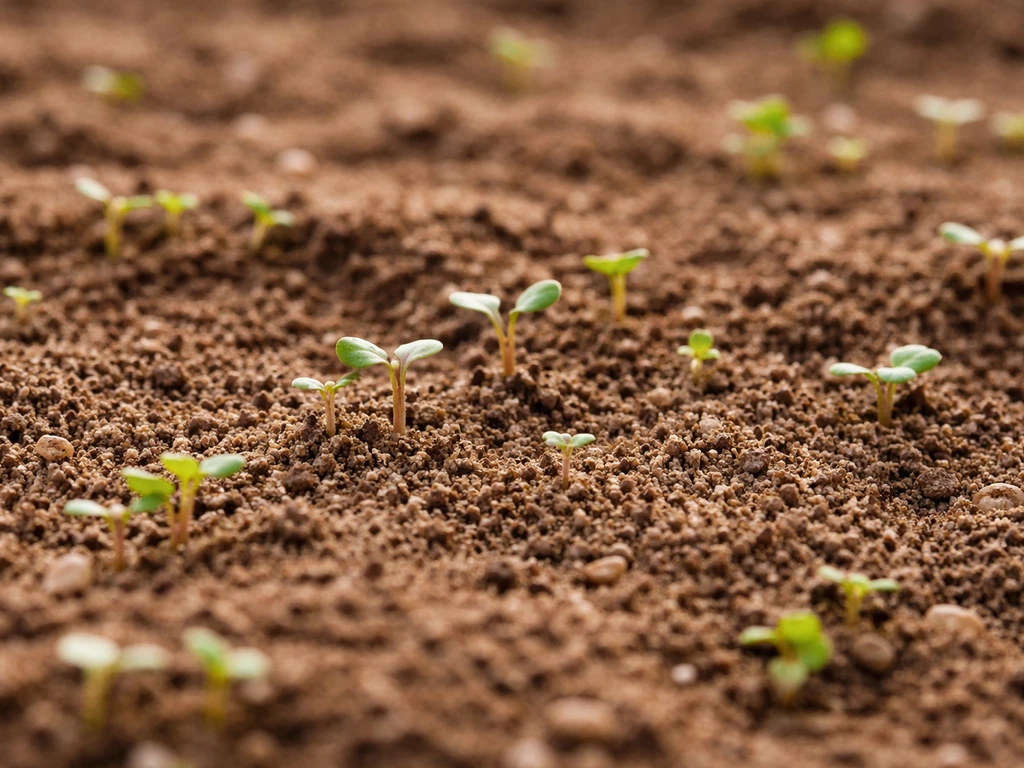 Close-up seedbed with tiny wildflower seedlings at varied heights, freshly raked soil and light soil cover