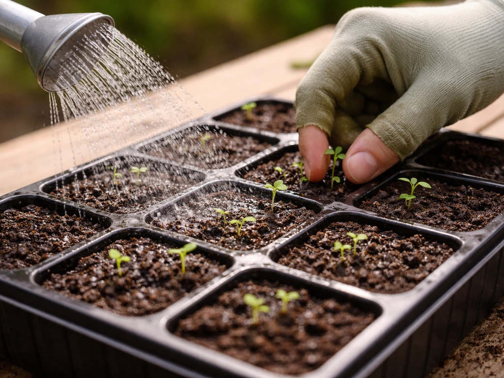 Mist watering a seed tray while small seedlings are gently thinned and spaced on moist soil