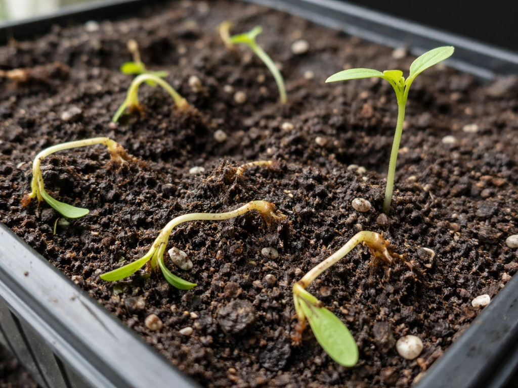 Close-up of seedlings with mushy collapsed stems at the soil line from damping off