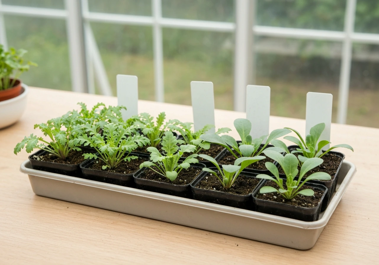 Seed-starting tray with small labeled pots of different papaver seedlings