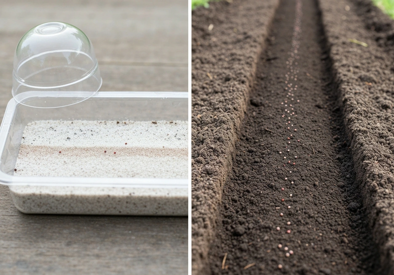 Split image: indoor seed tray with tiny Papaver seeds vs outdoor bed with scattered poppy seeds.