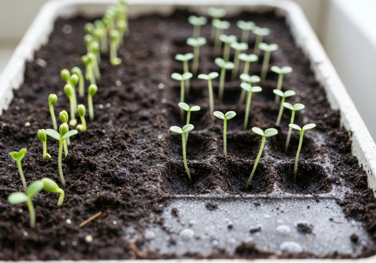 Close-up of tiny poppy seedlings sprouting, with a thinned row spacing in a soil tray