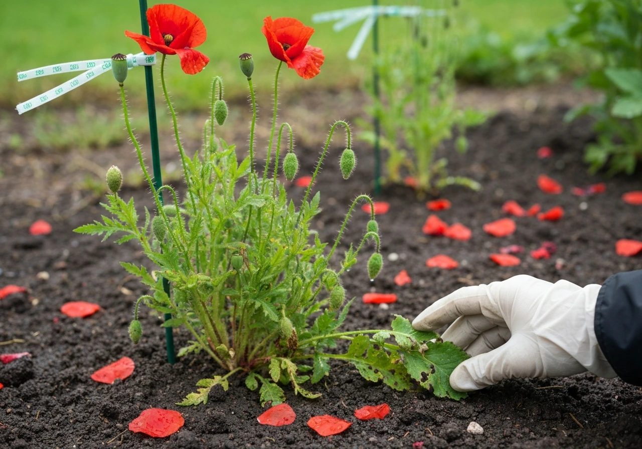 Tall poppies in a garden bed gently supported, with a gloved hand checking leaves for early pest damage.