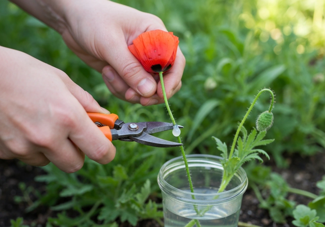 Hands cut a poppy stem and place it into fresh water, showing a milky sap bead on the cut.