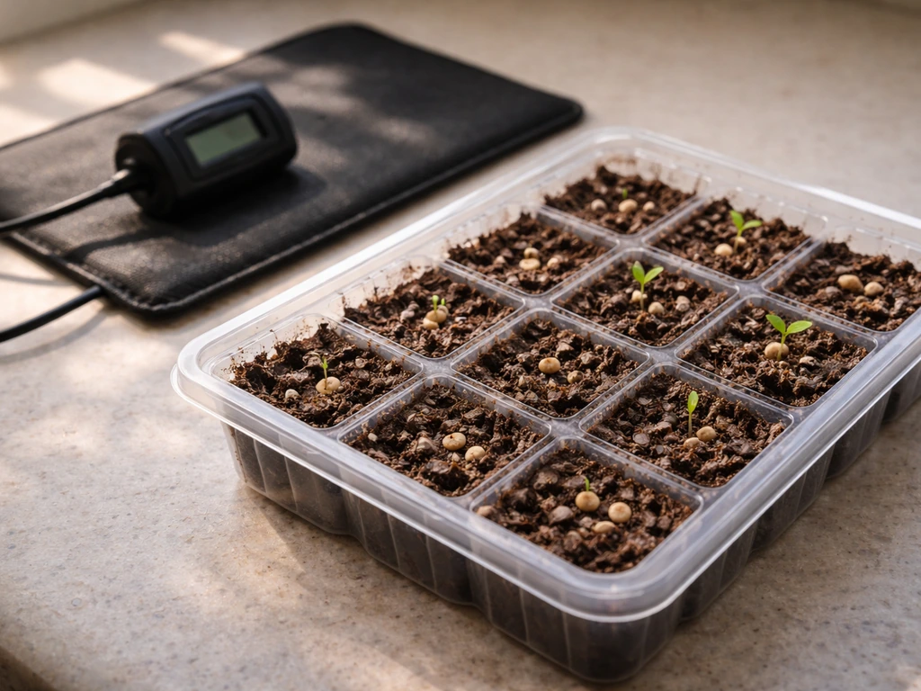 Warm seed-starting tray on a heat mat with scarified Passiflora seeds and seed-starting medium
