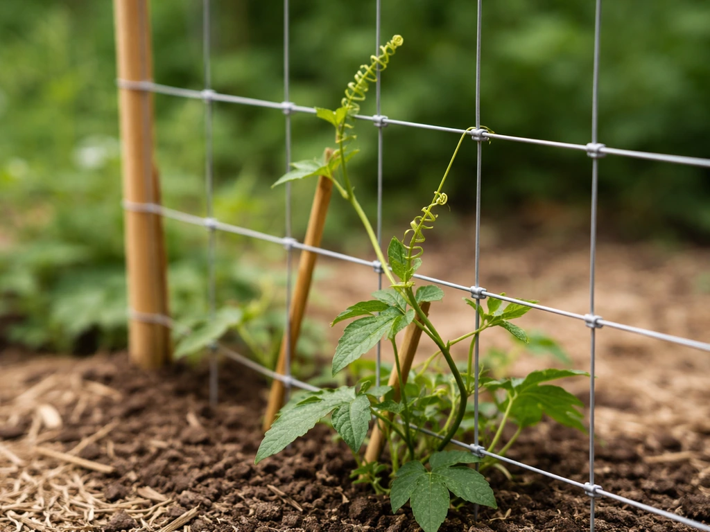 Passionflower vine tendrils wrapping a trellis mesh, with visible spacing and careful growth training
