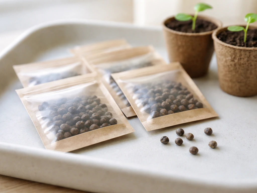 Close-up of butterfly pea seeds in sealed packets and a few seedlings on a clean tray