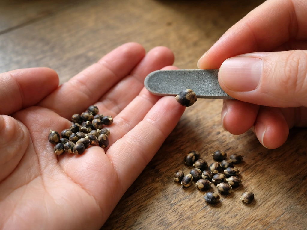 Close-up of hands lightly nicking hard butterfly pea seeds with sandpaper on a wooden table.